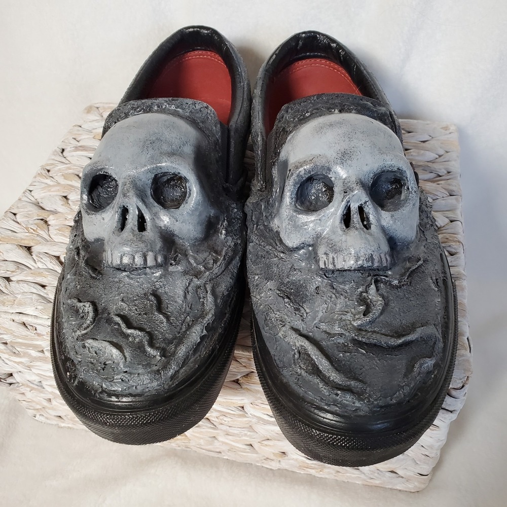 VANS Y2K Custom Slip On Skull Rocker Grey 3D Size W 9 M 7.5 Skater Metal EUC